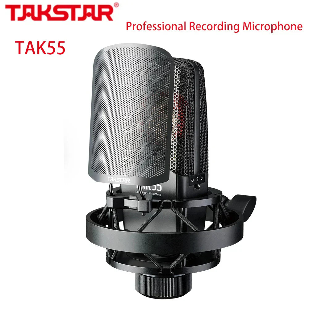 Black takstar tak55 profesional recording wired microfono condensador with perforated metal grille and shock mount for studio use