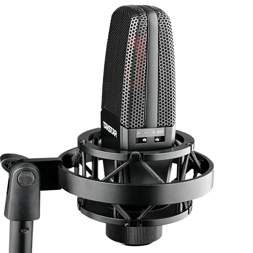 Black takstar tak55 profesional recording wired microfono condensador with perforated grille and red internal component visible