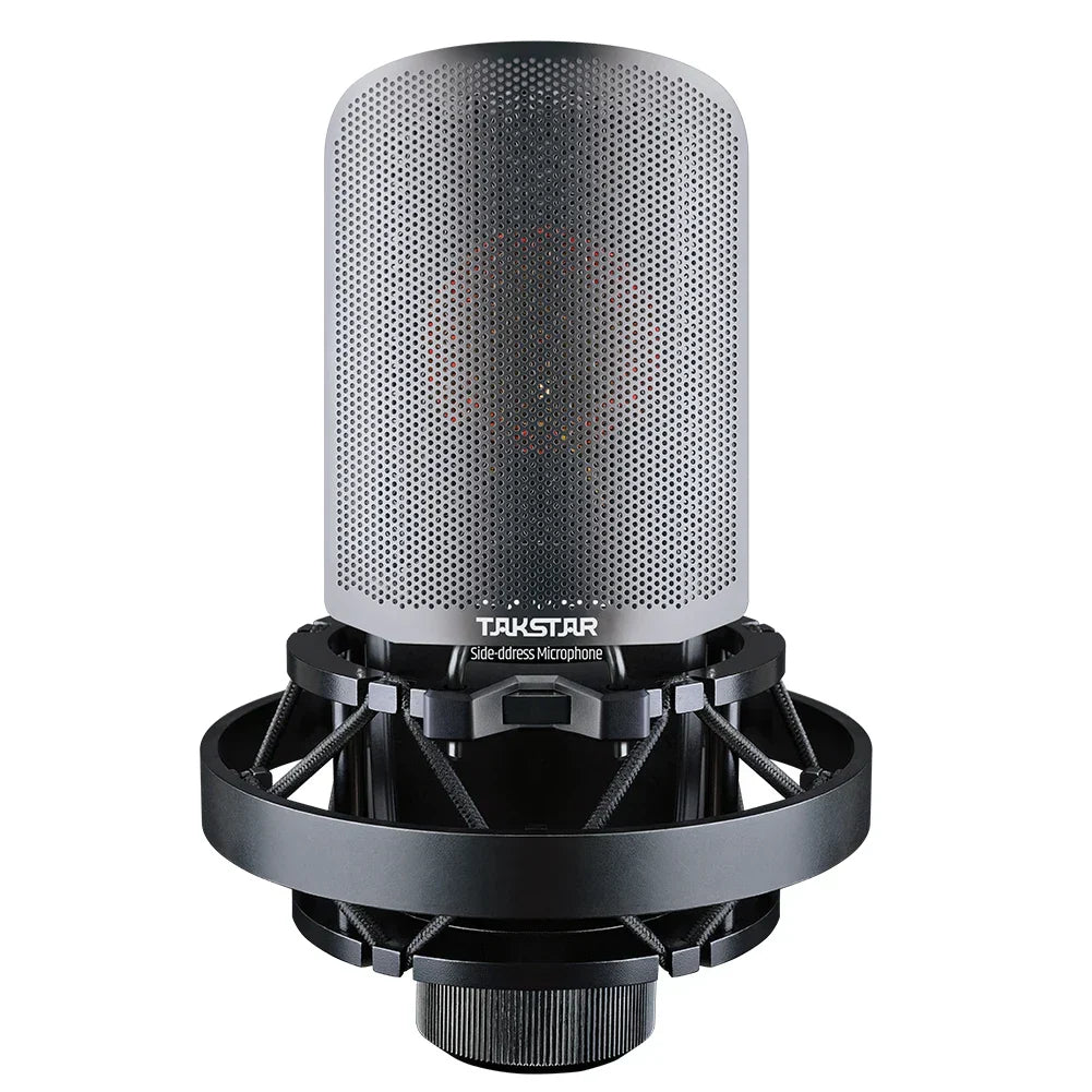 A sleek silver mesh takstar tak55 profesional recording wired microfono condensador with black shock mount for studio use