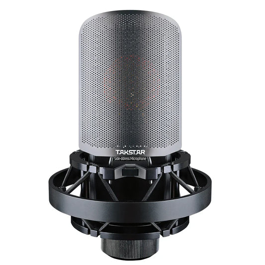 A sleek silver mesh takstar tak55 profesional recording wired microfono condensador with black shock mount for studio use