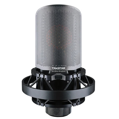A sleek silver mesh takstar tak55 profesional recording wired microfono condensador with black shock mount for studio use