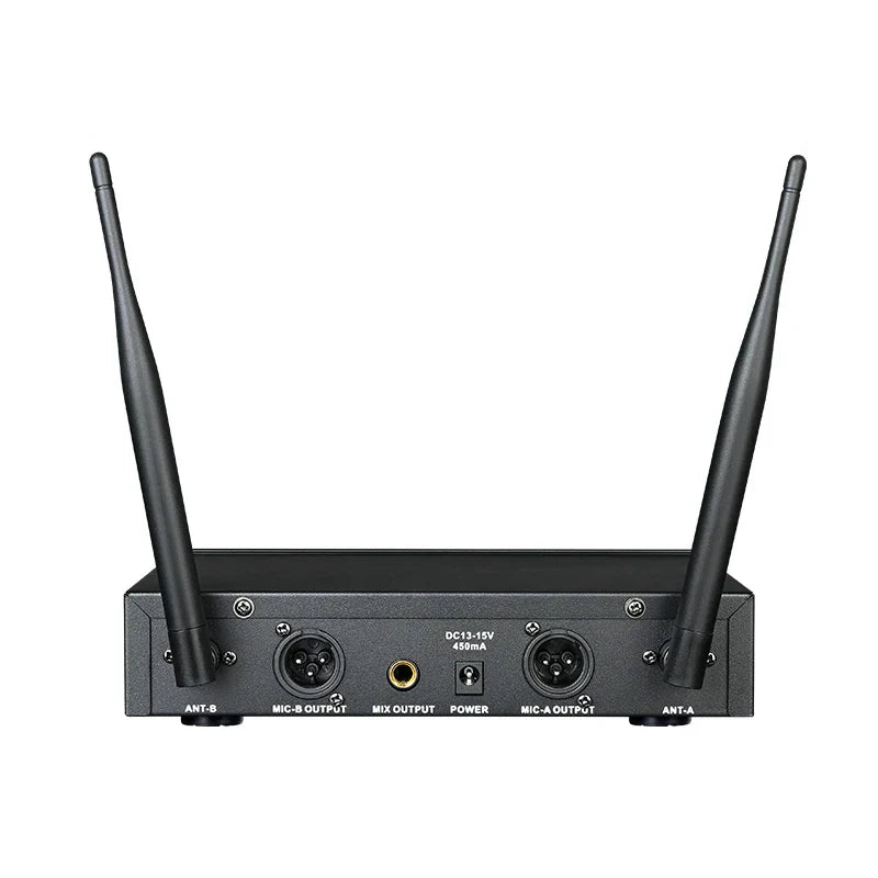 Black ts-3310uh wireless microphone receiver with two antennas and multiple audio ports for circuit ktv conference use