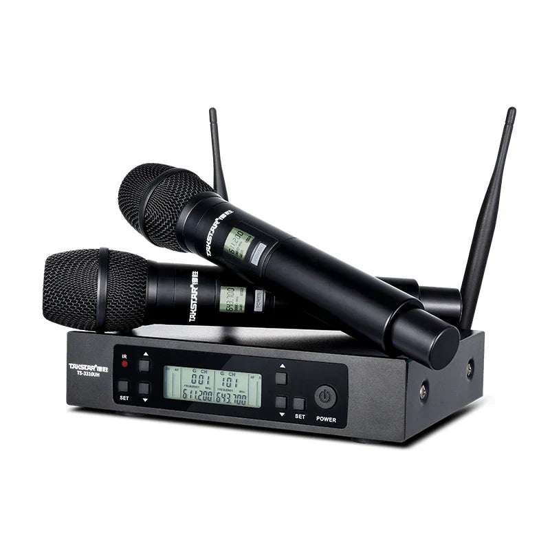 Black takstar ts-3310uh wireless microphone set with two handheld mics and receiver for circuit ktv conference home entertainment