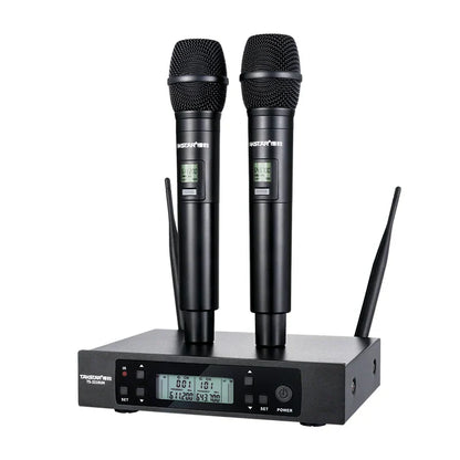 Black takstar ts-3310uh wireless microphone system with two handheld mics and receiver for circuit ktv conference home entertainment