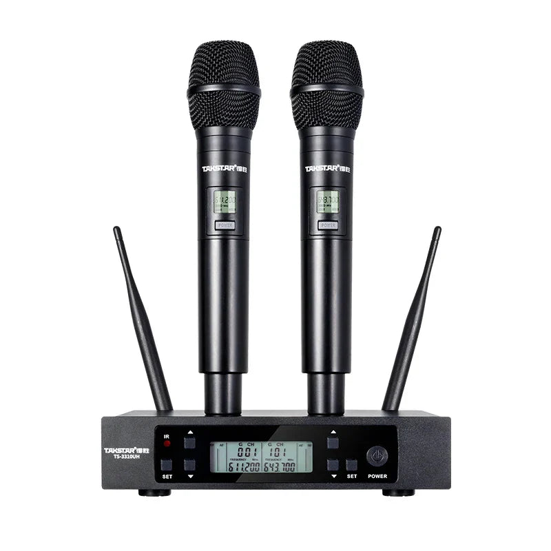 Black ts-3310uh wireless microphone system with two handheld mics and receiver for conference home entertainment and ktv