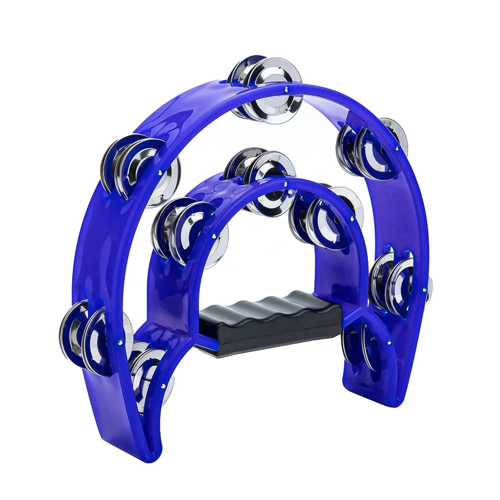 Vibrant blue tambourine double row with shiny chrome jingles and black rubber grip handle hand held percussion musical instrument gifts