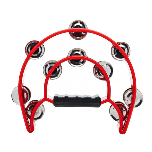 Red plastic tambourine double row with ten shiny chrome jingles and black rubber grip for hand held percussion musical instrument gifts