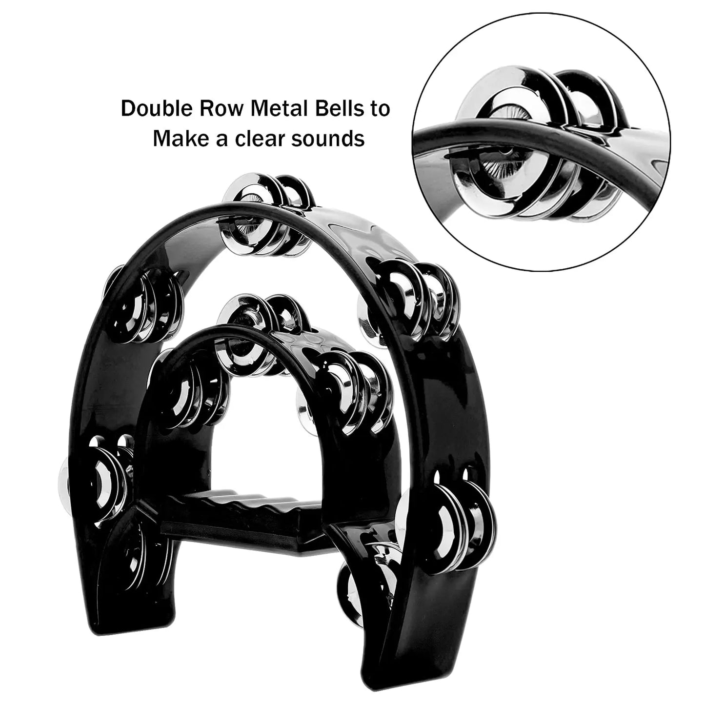 Black double row metal tambourine with shiny chrome jingles hand held percussion musical instrument gifts for kids and adults
