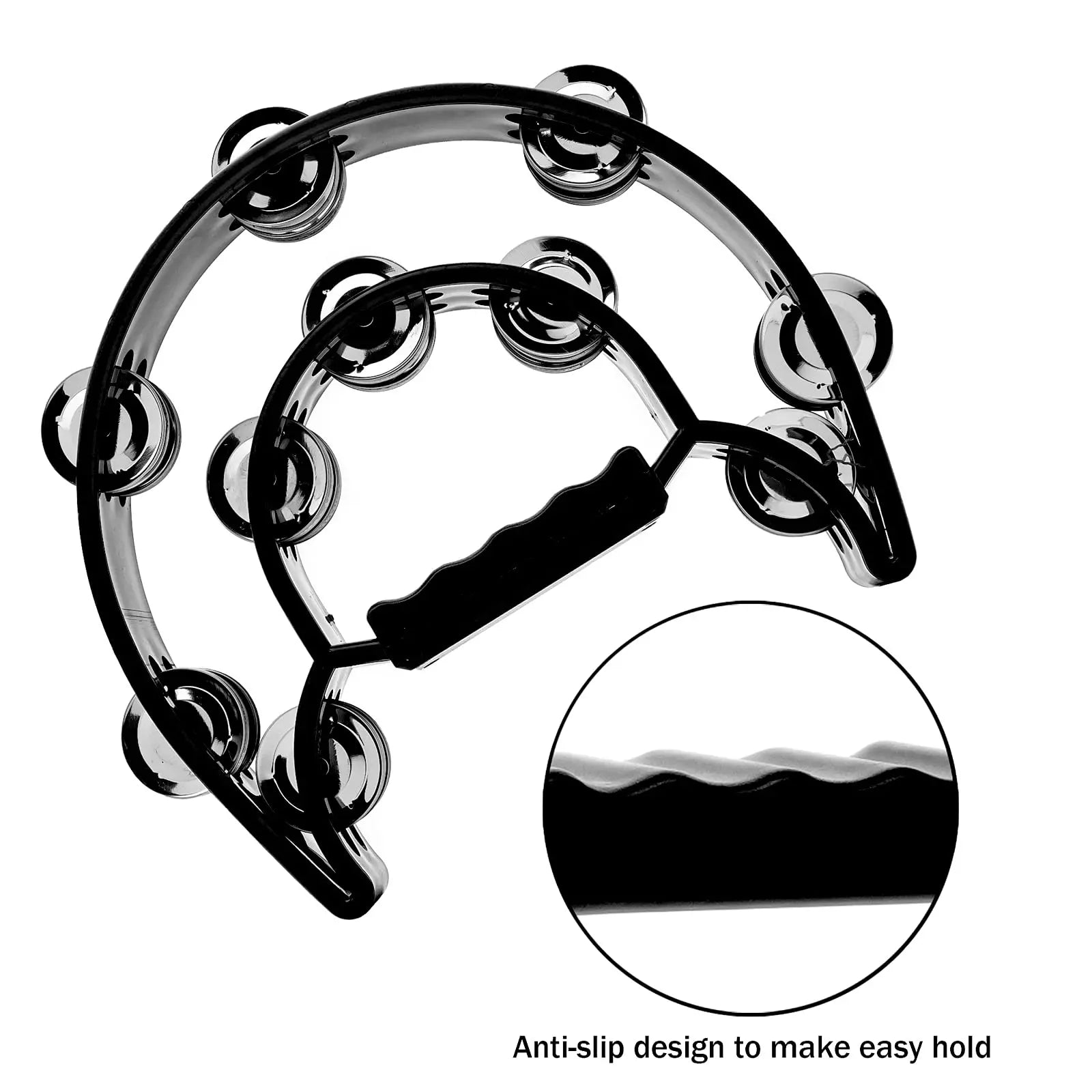 Black tambourine double row with shiny chrome metal jingles and textured grip handle for hand held percussion and musical instrument gifts