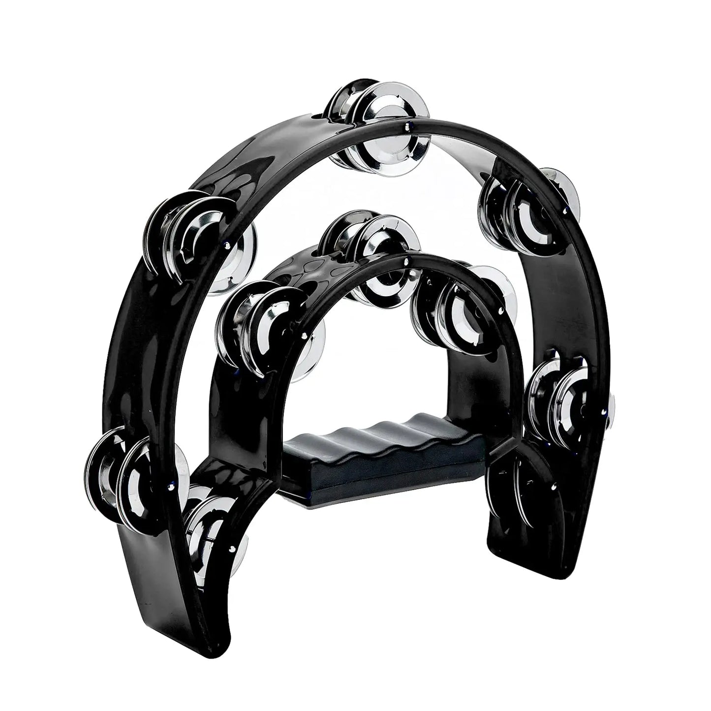 Black hand held percussion tambourine double row with shiny chrome metal jingles ideal as musical instrument gifts