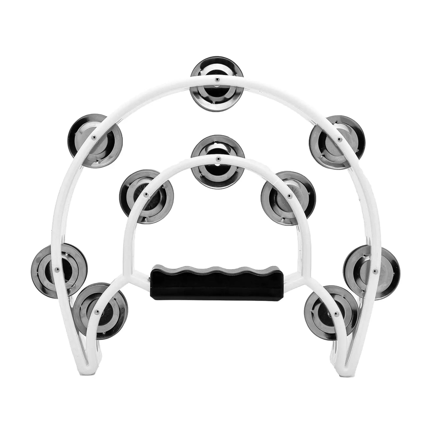 White tambourine double row with ten shiny chrome jingles and black ergonomic handle hand held percussion musical instrument gifts