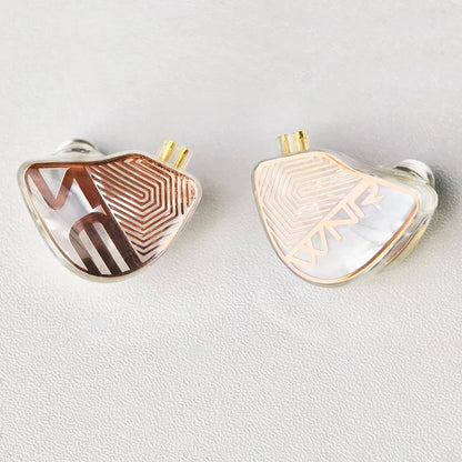 Clear heart-shaped tangzu wan er studio edition in ear monitors with rose gold accents and 10mm pet diaphragm 2pin hifi wired