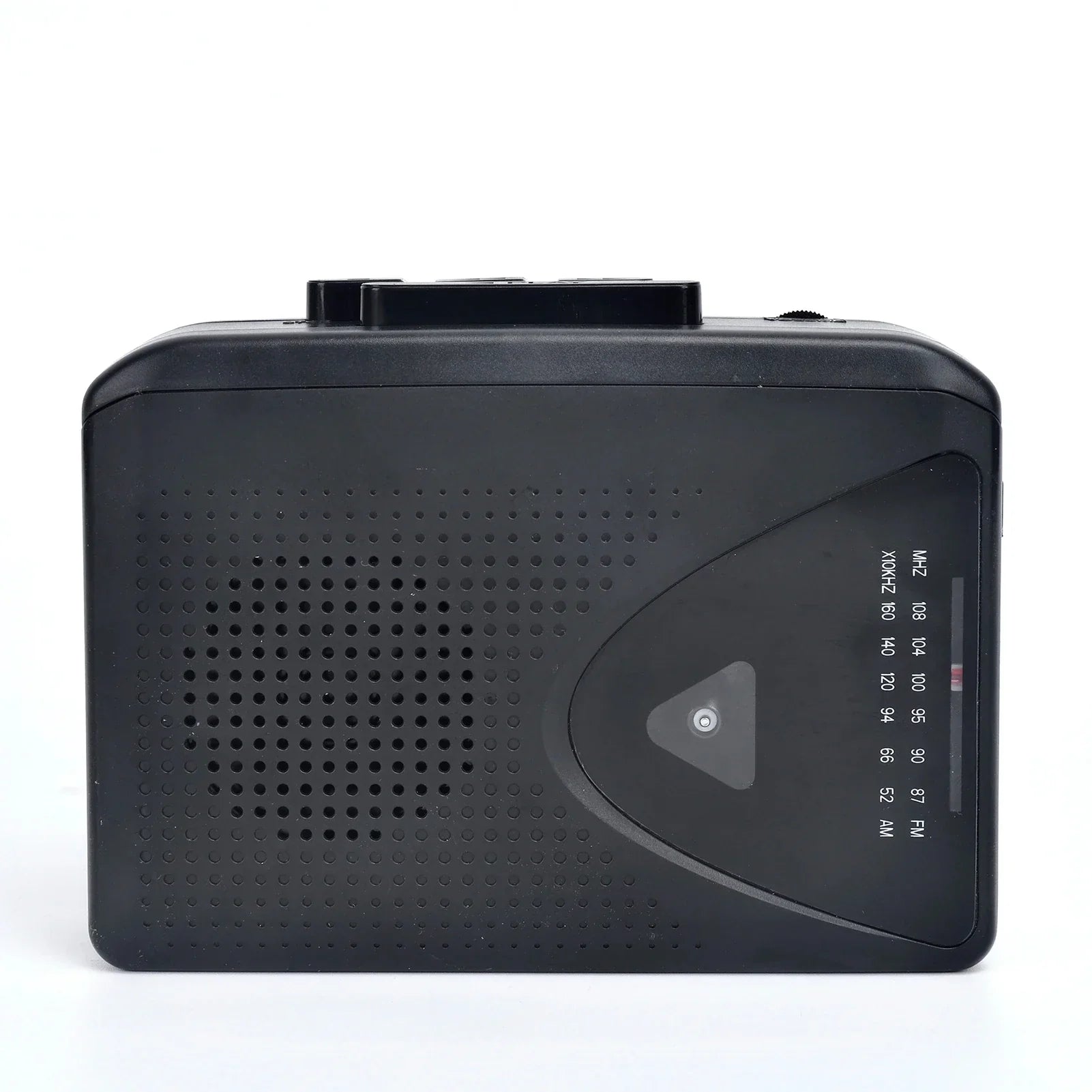 Black plastic tape cassette player walkman with perforated speaker grille and frequency dial portable speaker multiple use