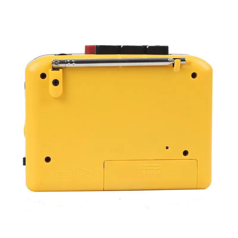 Bright yellow cassette player walkman with silver telescopic antenna black buttons speaker multiple power radio function