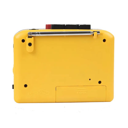 Bright yellow cassette player walkman with silver telescopic antenna black buttons speaker multiple power radio function