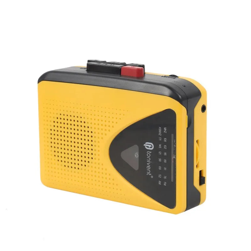 Yellow and black cassette player walkman with red top button featuring speaker multiple power and radio function