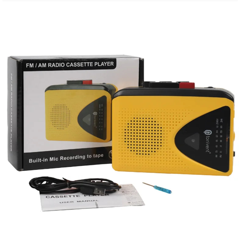 Yellow and black portable cassette player walkman with built-in microphone speaker multiple power and radio function