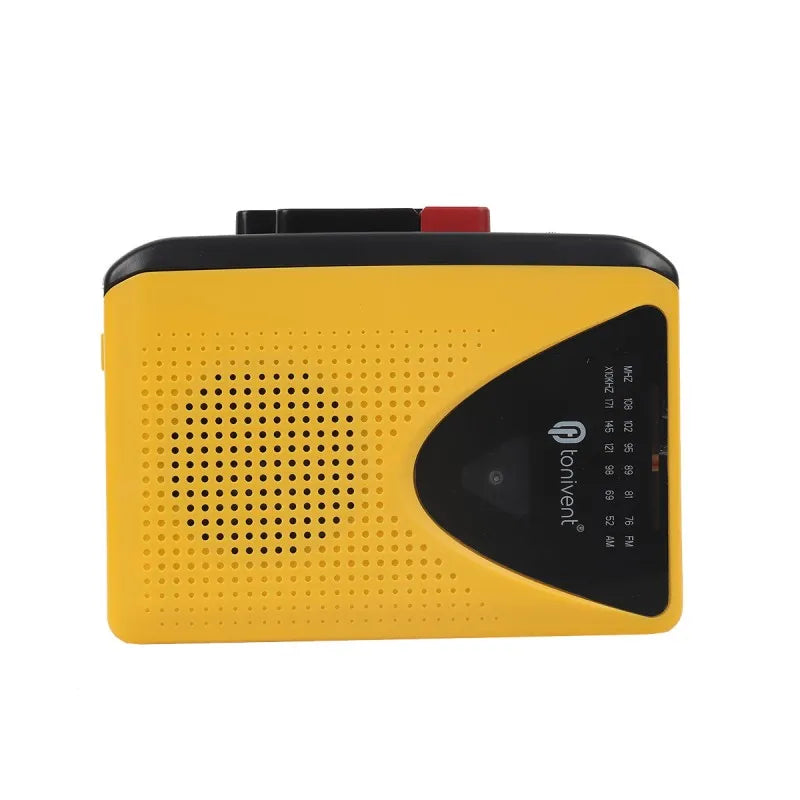 Yellow and black portable cassette player walkman with perforated speaker grille bonivent radio function and multiple power options
