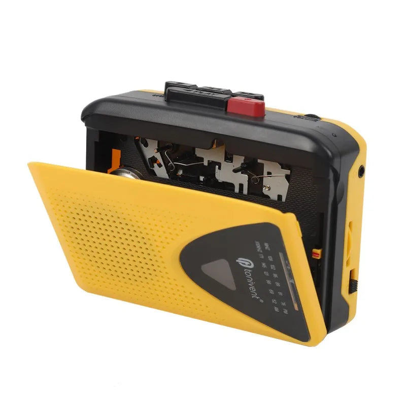 Yellow and black cassette player walkman with perforated front panel speaker multiple power and radio function visible mechanisms