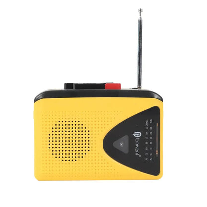 Yellow and black portable cassette player walkman with telescopic antenna and radio function featuring speaker multiple power options
