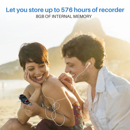 Black tape recorder 8gb with noise cancelling double microphone and metal case paired with white earphones for voice activated recording
