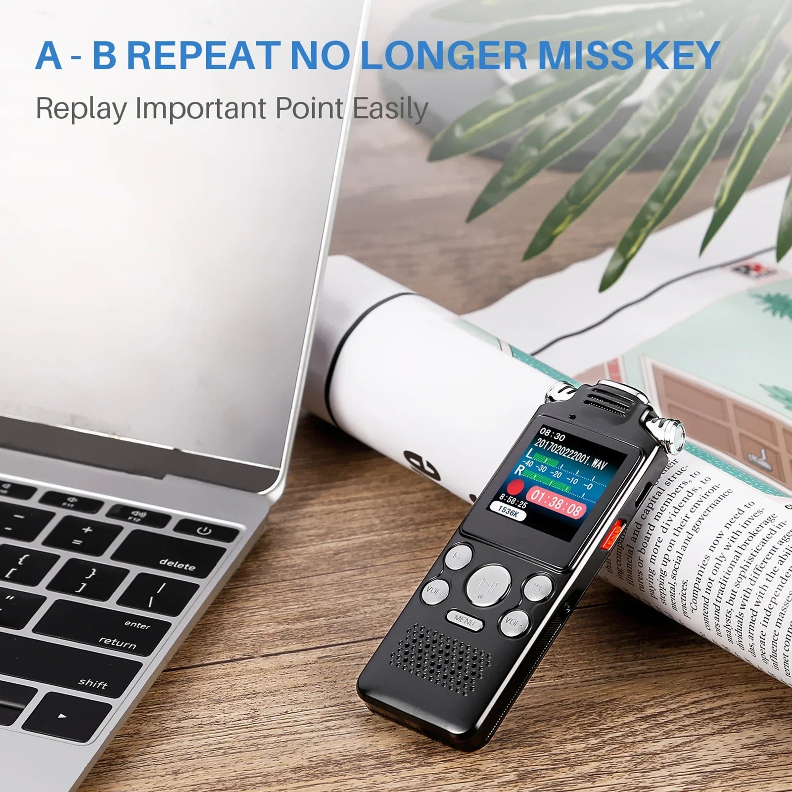 Black metal case tape recorder 8gb with small screen and silver buttons for noise cancelling voice activated recording