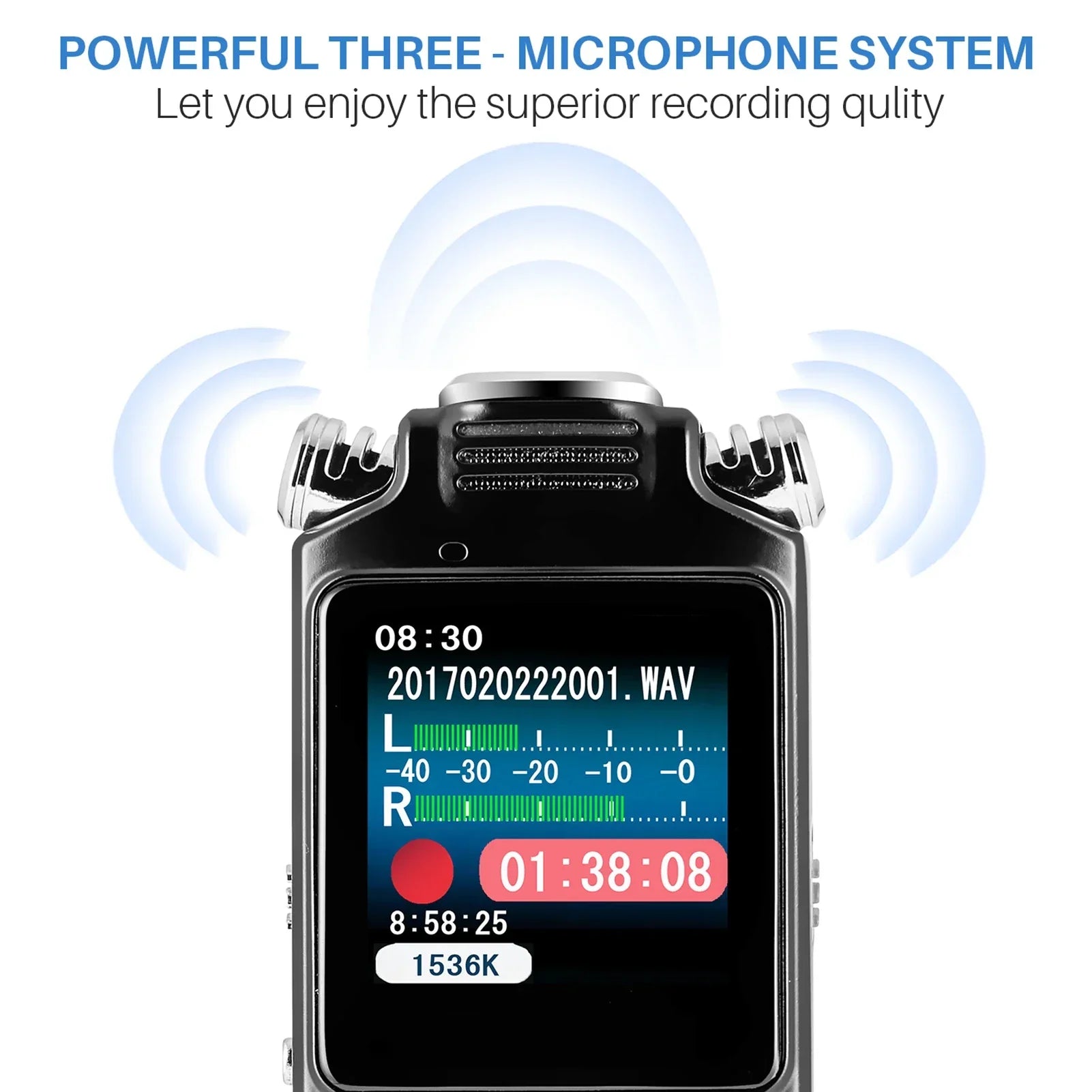 Black handheld tape recorder 8gb with metal case and three microphones for voice activated recording and noise cancelling