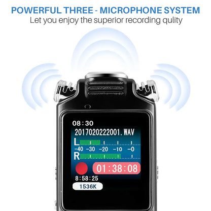 Black handheld tape recorder 8gb with metal case and three microphones for voice activated recording and noise cancelling