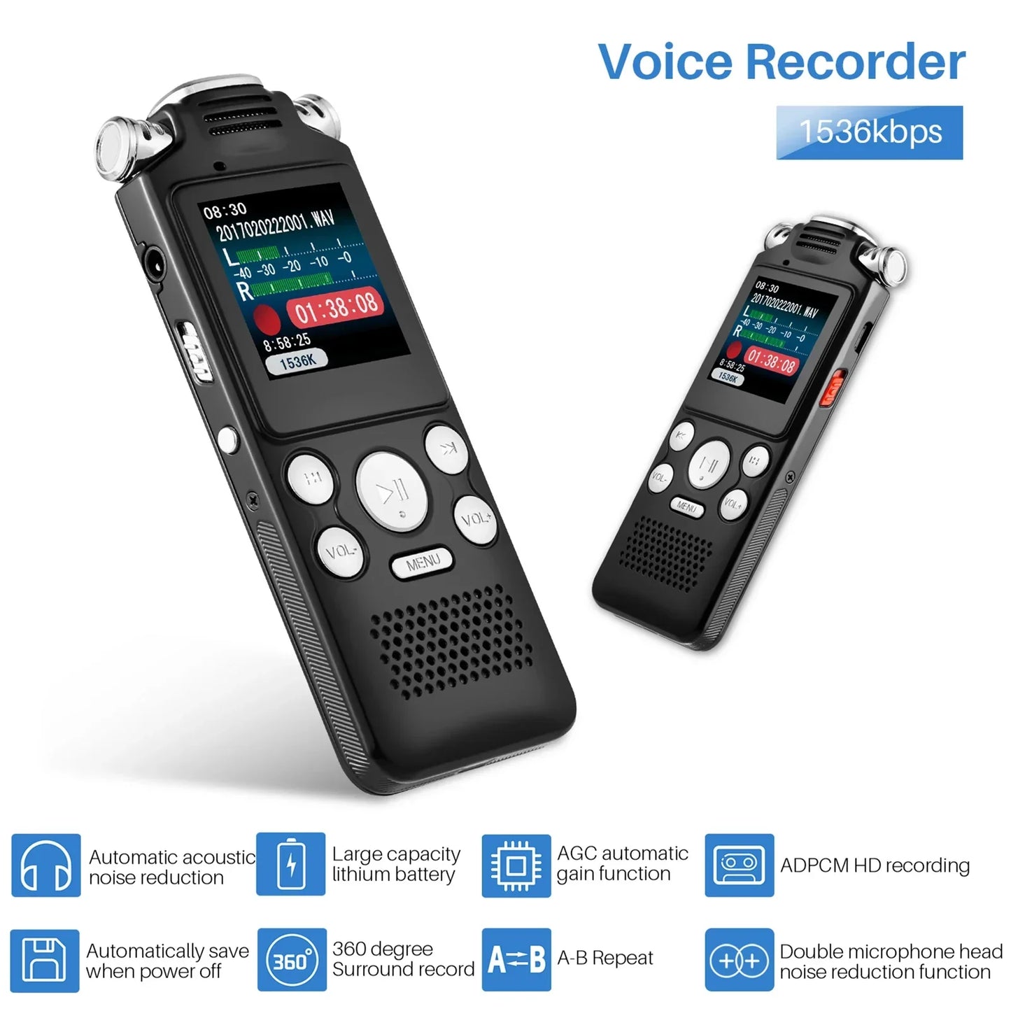 Black metal case tape recorder 8gb with recorder noise cancelling double microphones for voice activated recording