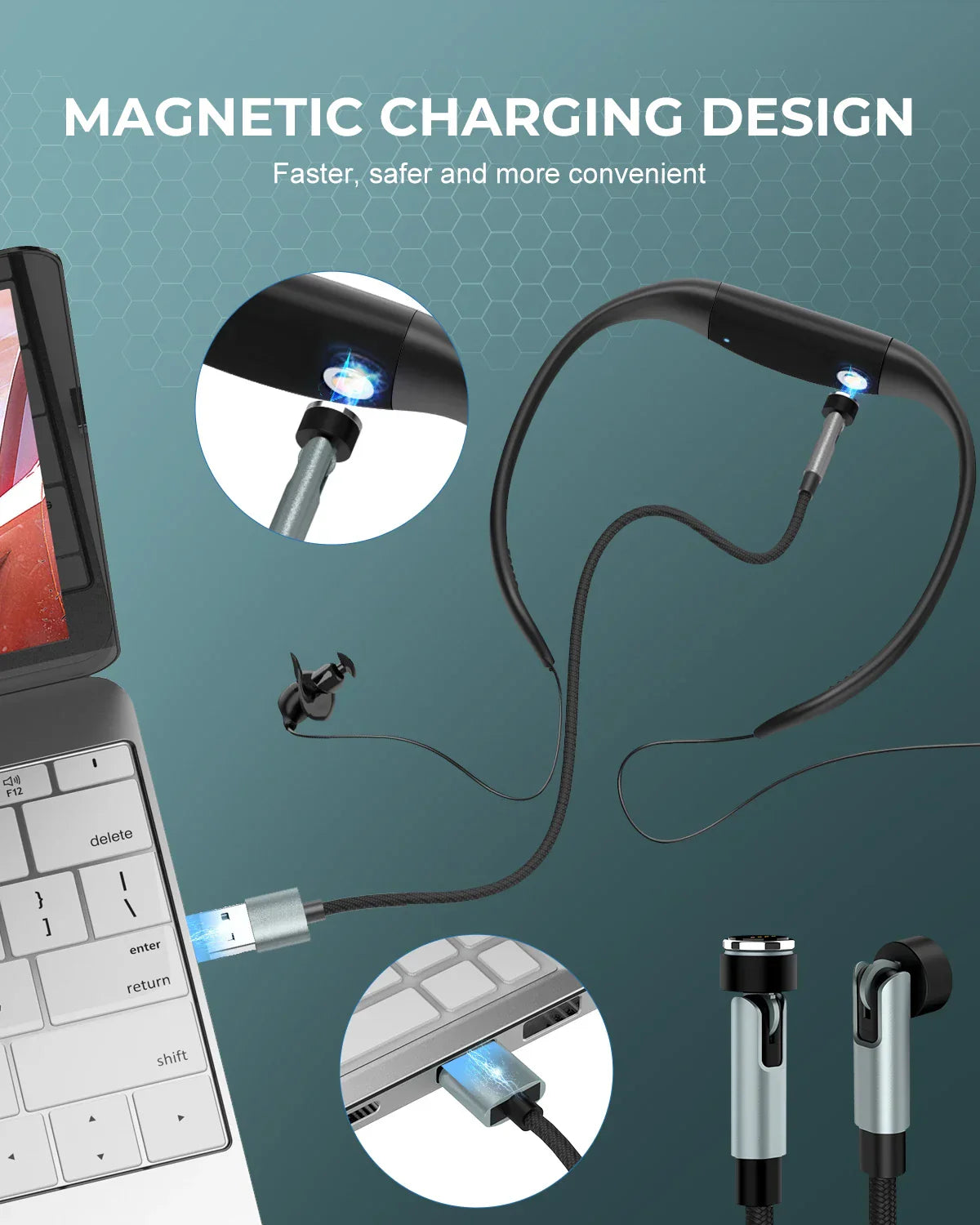 Tayogo waterproof mp3 black magnetic charging neckband with silicone coated waterproof design and glowing blue led lights