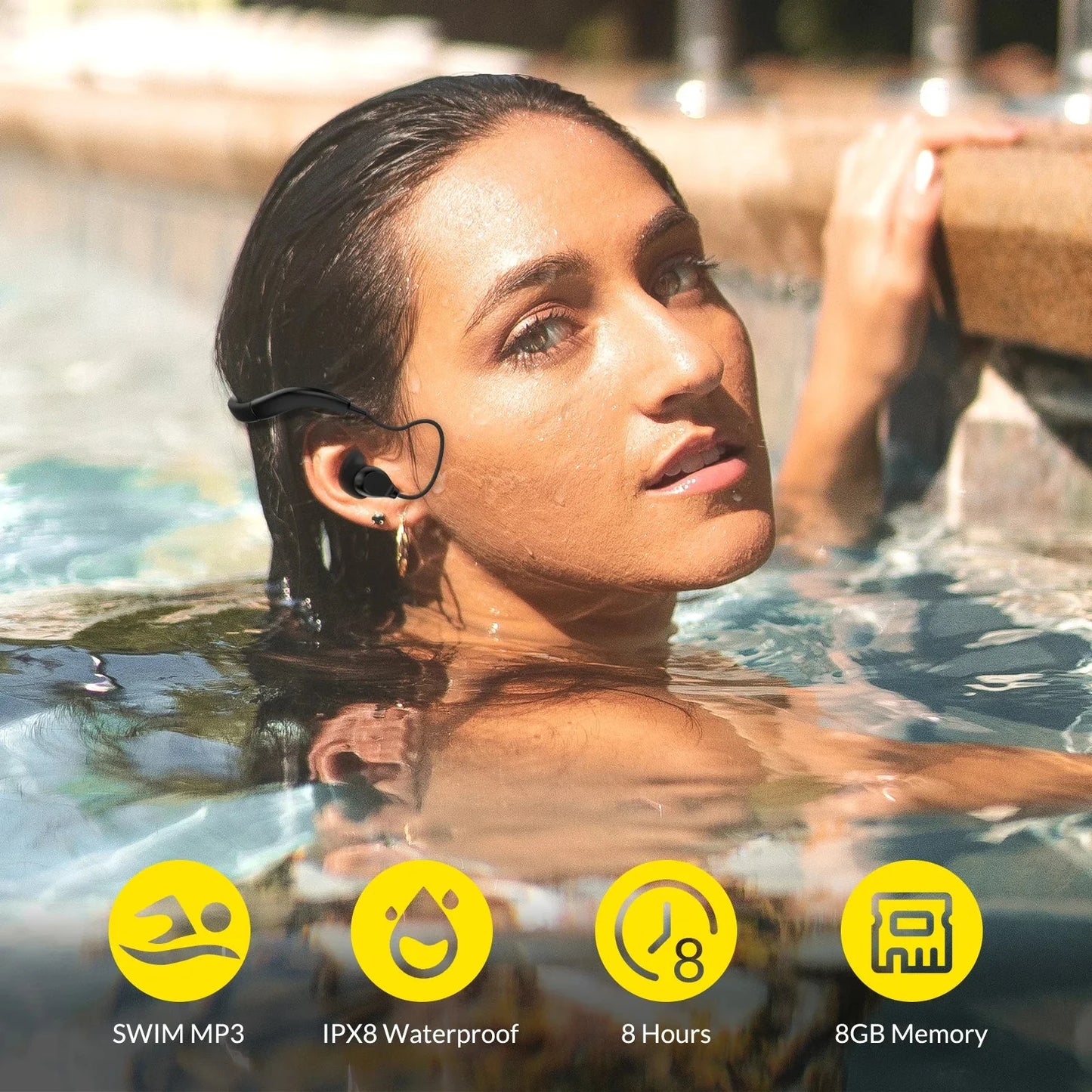 Black Tayogo waterproof mp3 player with silicone coated waterproof earbuds and curved band for secure swimming fit IPX8 8GB