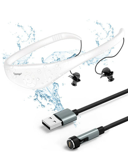 White tayogo waterproof mp3 swimming ipx8 8gb with silicone coated waterproof neckband and black earpieces