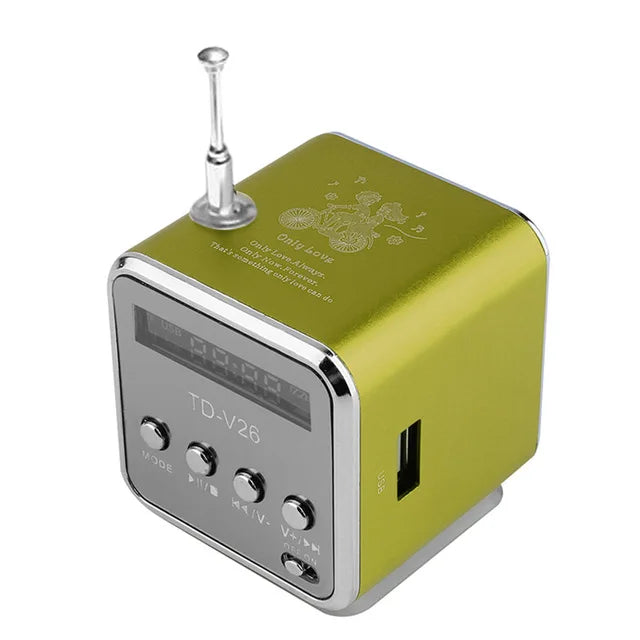 A lime green td-v26 mini portable bluetooth speaker with aluminum alloy front panel and high quality stereo sound