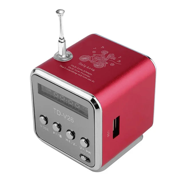 Td-v26 mini portable bluetooth speaker in red aluminum alloy with silver trim antenna and control buttons for pc phone use