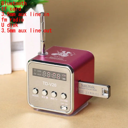 Td-v26 mini portable bluetooth speaker with aluminum alloy silver front and red body includes sandisk usb flash drive