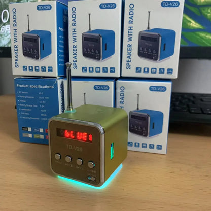 Gold-colored aluminum alloy td-v26 bluetooth speaker with digital display and green led lighting for pc phone use