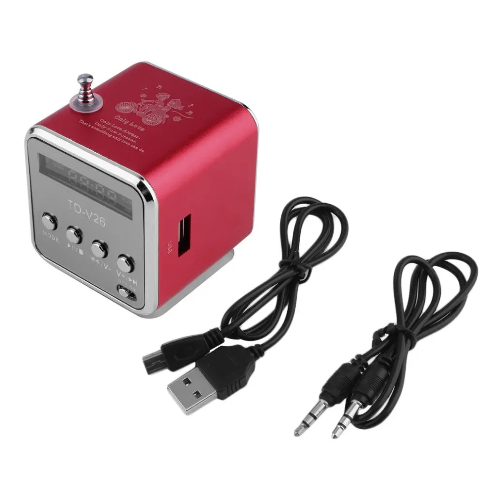 Red td-v26 mini portable bluetooth speaker with aluminum alloy trim digital display and control buttons for high quality sound