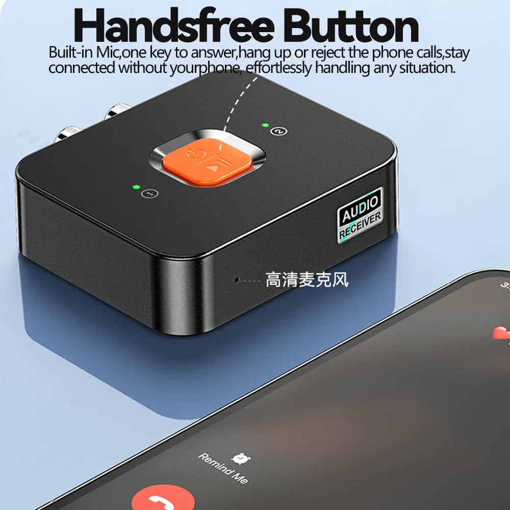 Black rectangular Tebe Bluetooth 6.0 audio receiver with orange button and silver accents for wireless stereo music adapter dual connection