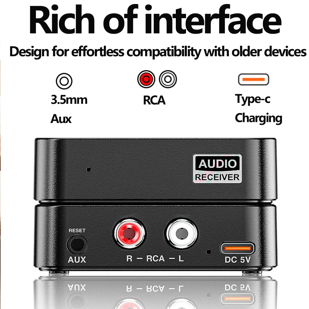 Black Tebe Bluetooth 6.0 audio receiver with 3.5mm aux RCA inputs and type-c charging port for wireless stereo music adapter dual connection phone amplifer console