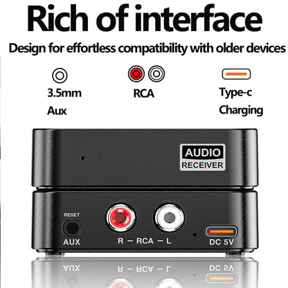 Black Tebe Bluetooth 6.0 audio receiver with 3.5mm aux RCA inputs and type-c charging port for wireless stereo music adapter dual connection phone amplifer console
