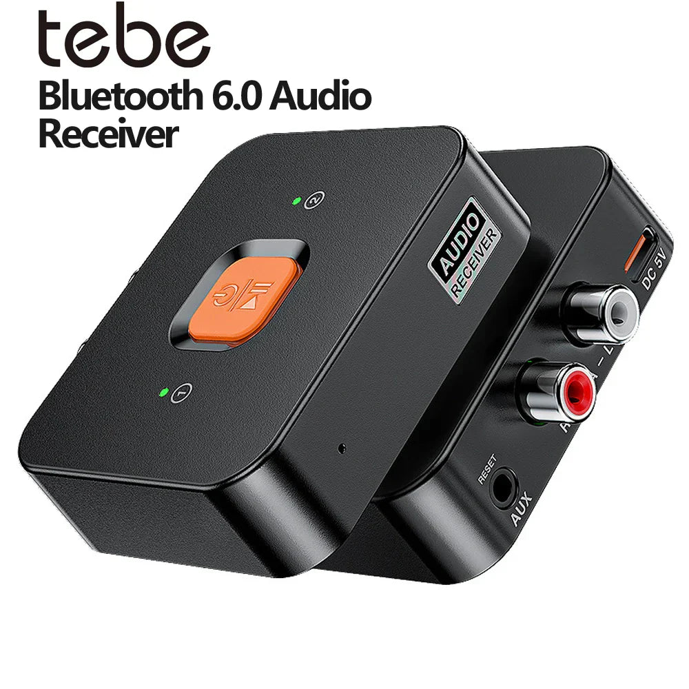 Black tebe bluetooth 6.0 audio receiver with orange power button and rca jacks for wireless stereo music and adapter dual connection