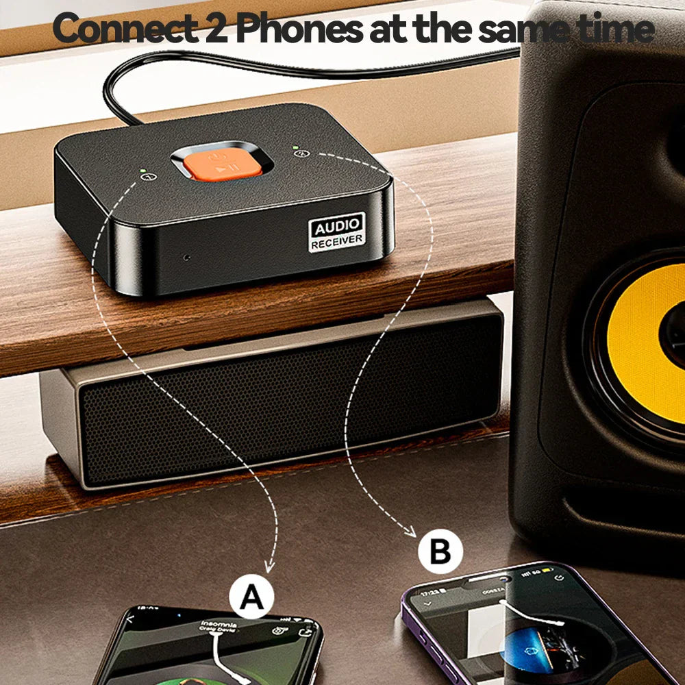 Black Tebe Bluetooth 6.0 audio receiver with orange button and silver trim for wireless stereo music and adapter dual connection
