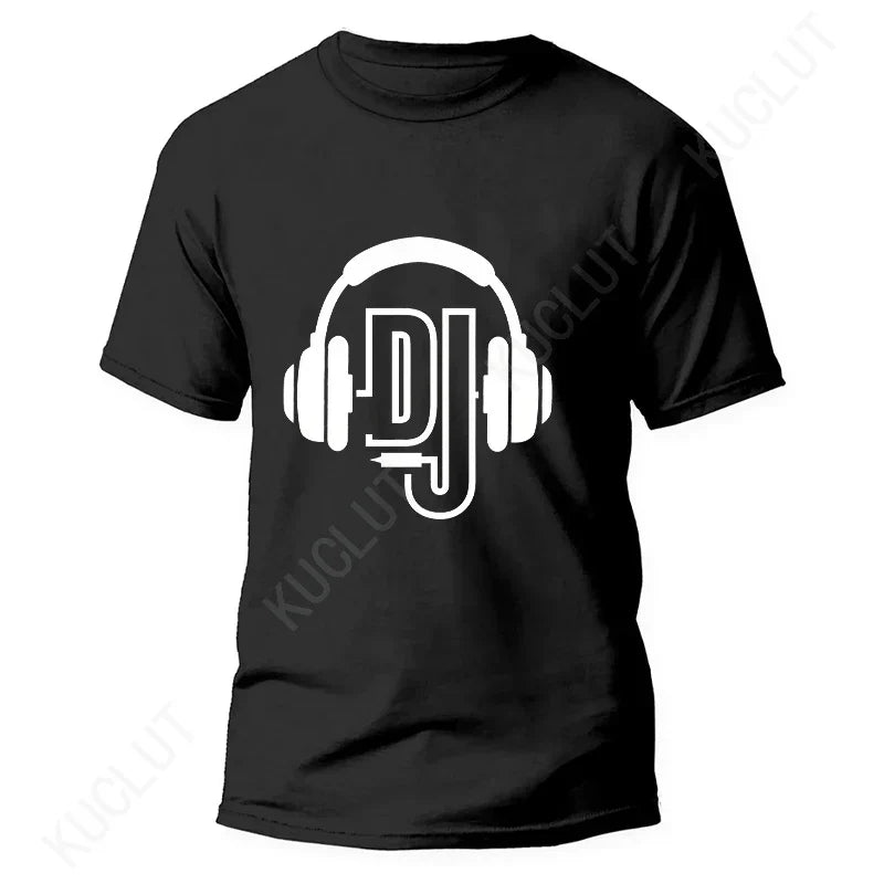 Black short-sleeved technics t shirt with bold white dj headphones graphic for electronic hip hop and street dj music fans