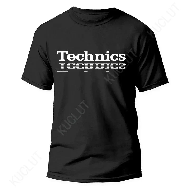 Black short-sleeved Technics t shirt with white print ideal for street DJ music and electronic hip hop fashion