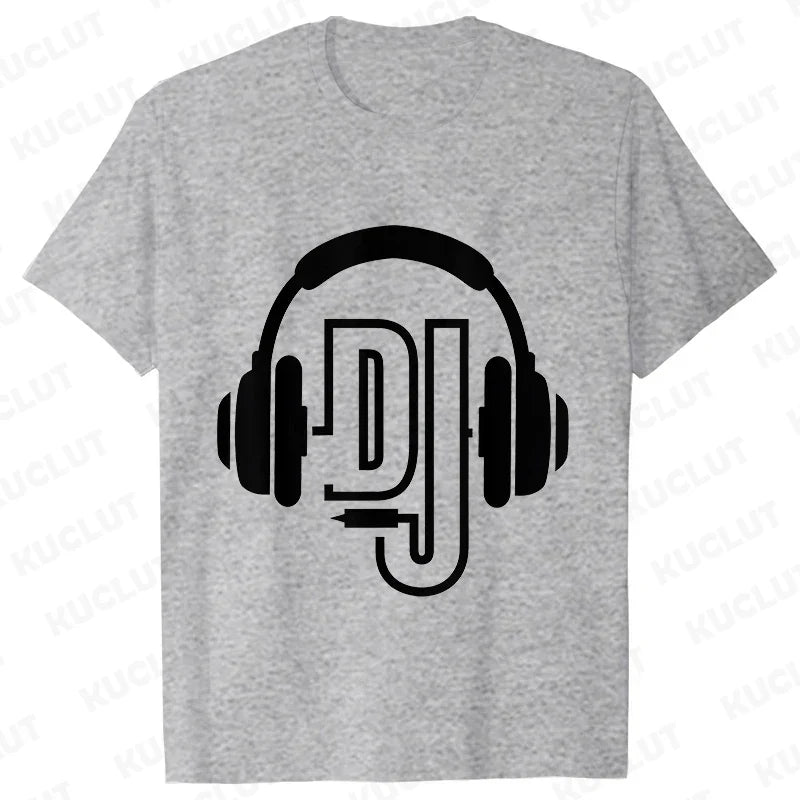 Gray heathered technics t shirt with bold black headphones graphic and integrated dj letters for street dj music fans