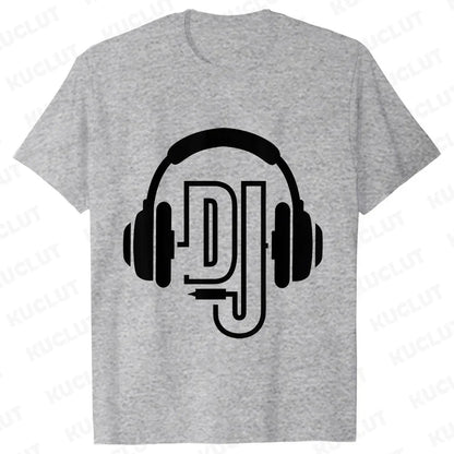 Gray heathered technics t shirt with bold black headphones graphic and integrated dj letters for street dj music fans
