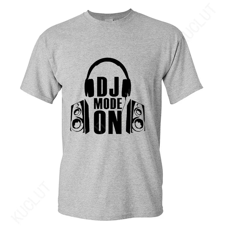 Gray heathered cotton technics t shirt with black headphones graphic and dj mode on text for street dj music fans