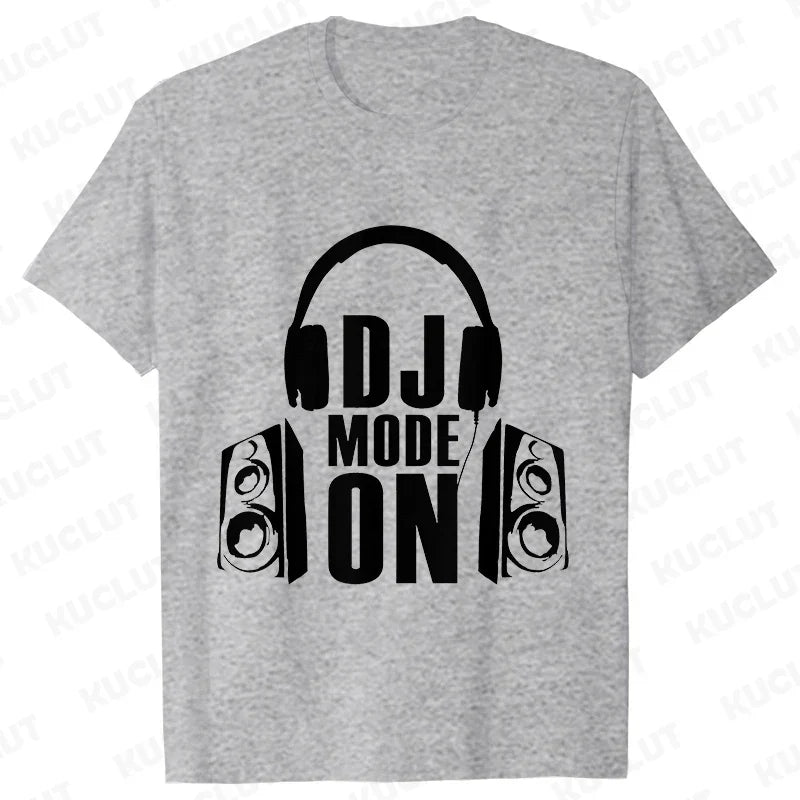 Gray heathered cotton technics t shirt with black headphones graphic and dj mode on text for street dj music and electronic hip hop