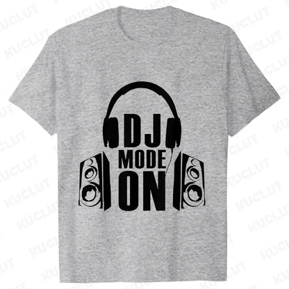 Gray heathered cotton technics t shirt with black headphones graphic and dj mode on text for street dj music and electronic hip hop