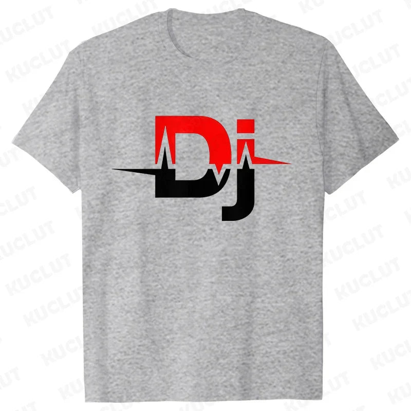 Gray heathered cotton technics t shirt with bold red and black dj logo and heartbeat line for street dj music and electronic hip hop